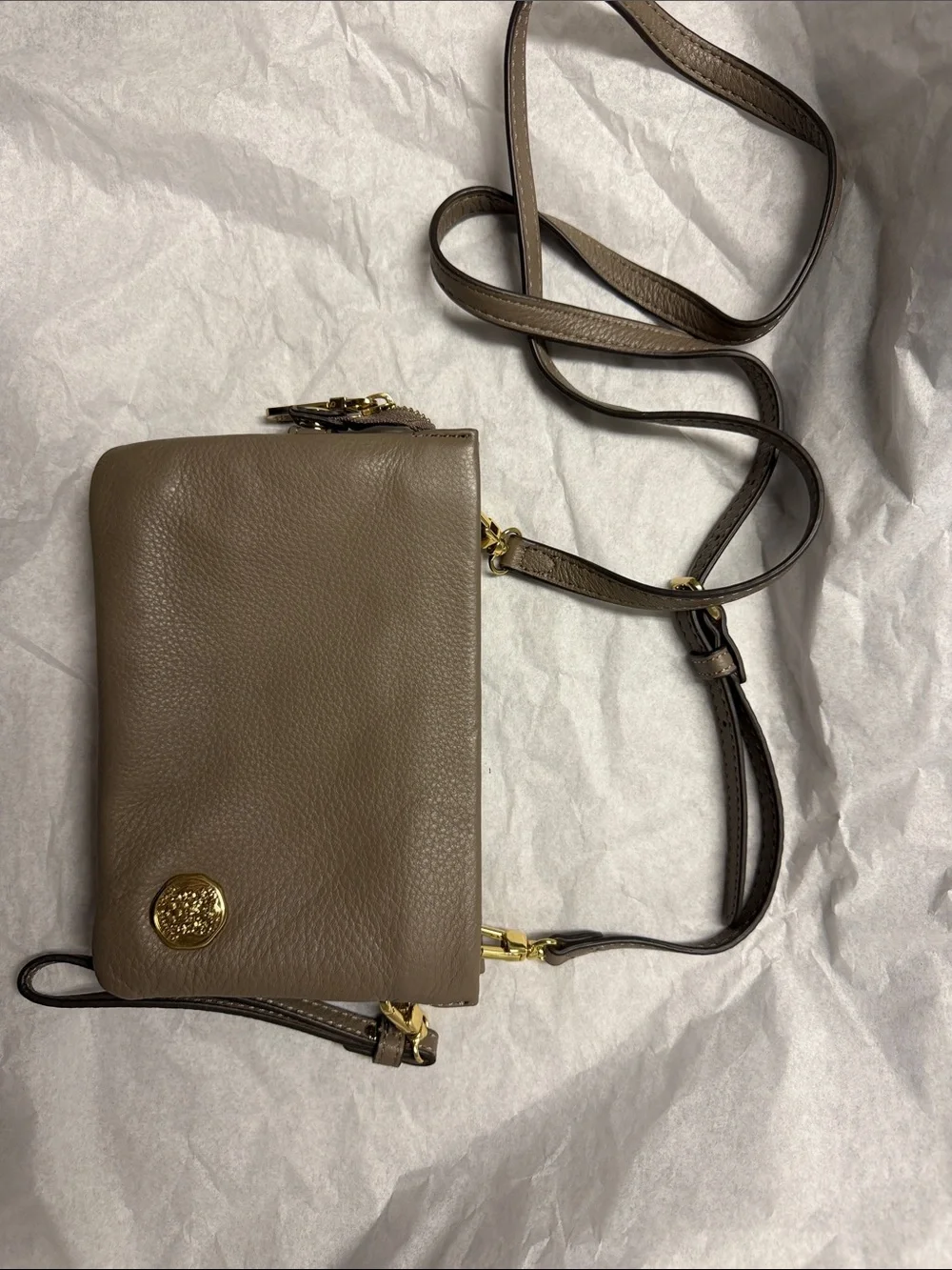 Vince Camuto Taupe Pebbled Leather Crossbody with Gold Medallion